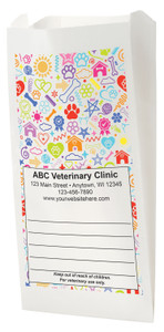 Colorful pet icon veterinary prescription bags with center write-on panel for clinic details, design.ed for organized medication pickup and checkout use.