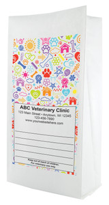 White small flat bottom veterinary prescription bag with a colorful pet icon pattern including paw prints, bones, hearts, stars, and a centered write-on panel.