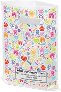 White tote bag with colorful stars, pawprints, and animal houses in a repeating pattern.