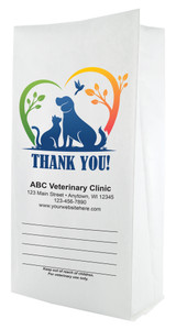 White small flat bottom veterinary prescription bag with dog and cat silhouette inside a heart-shaped tree design, “THANK YOU!” text, and a lined write-on panel.