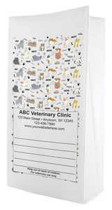 White small flat bottom veterinary prescription bag with a repeating pattern of cartoon dogs and cats, paw prints and icons, plus “WOOF!”, “MEOW!”, “BARK!”, and a centered write-on panel.