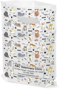 White plastic tote bag with cartoon dogs and cats, paw prints, and pet icons in a repeating pattern.
