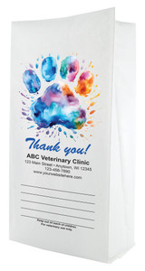 White small flat bottom veterinary prescription bag with a multicolor watercolor paw print and paint splashes, “Thank you!” text, and a lined write-on panel.