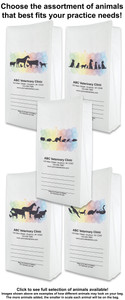 White flat bottom veterinary prescription bags showing different assortments of animal silhouettes over a pastel watercolor circle background.