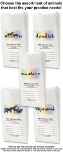 Assorted animal silhouette veterinary prescription bags with watercolor background and write-on panel for organized clinic checkout and medication pickup.