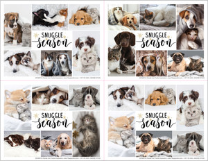 Snuggle Season veterinary reminder cards featuring cozy dogs and cats wrapped in blankets with soft neutral tones and warm pet photography in a 4-up card layout