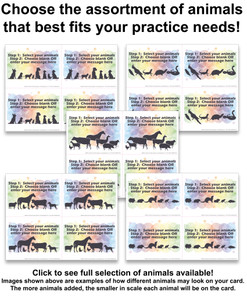 Multi-animal veterinary reminder cards in 4-up layout featuring colorful watercolor backgrounds with silhouettes of pets, livestock, and exotic animals