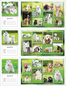 Veterinary reminder card sheet featuring a collage of puppies and kittens in bright green outdoor settings with multiple pet photo panels and appointment section