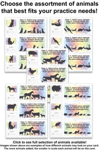 Multi-animal veterinary reminder cards featuring colorful watercolor backgrounds with silhouettes of dogs, cats, livestock, and exotic pets on appointment card templates