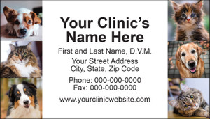 Veterinary business card featuring six dog and cat portraits surrounding a central contact information panel on a light gray background.

