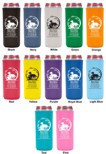 Playful dog and cat silhouette design on a personalized tall slim can cooler featuring a circular leaf-accented frame and custom veterinary clinic contact information.

