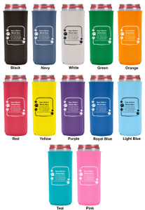 Personalized tall slim can cooler featuring a hand-drawn border with decorative paw prints surrounding custom veterinary clinic name, address, phone number, fax number, and website information.

