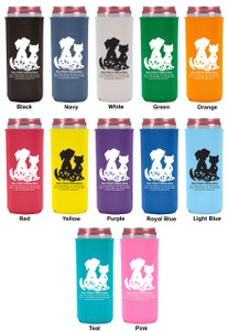 Tall slim personalized can cooler featuring a dog and cat silhouette with floral accents, heart details, and custom veterinary clinic contact information beneath the artwork.

