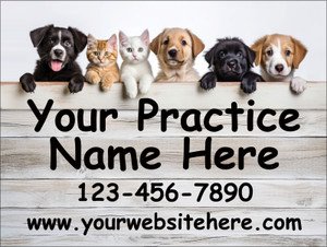 Six puppies and kittens lean over a whitewashed wooden plank sign above large personalized business text, phone number, and website information displayed in bold black lettering.