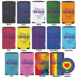 Color chart showing Personalized Can Coolers - Regular Size available in Black, Navy, White, Green, Orange, Red, Yellow, Purple, Royal Blue, Light Blue, Teal, and Pink, featuring a sample full-color logo imprint and veterinary clinic contact information.