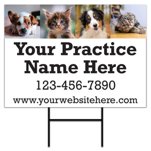 18" x 24" personalized yard sign featuring four pet photo panels across the top including dogs and cats, large black practice name text, phone number, website address, and included H-stake.