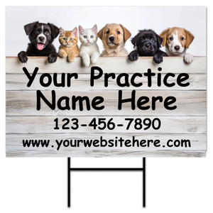18" x 24" personalized yard sign featuring six puppies and kittens peeking over rustic white wood planks with large black custom text, phone number, website address, and included H-stake.