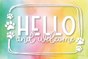 Pastel watercolor postcard with white boarder of paw prints and Hello & Welcome written on front.