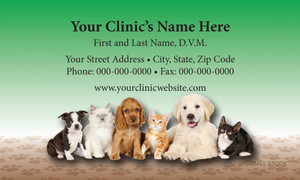 Veterinary business card featuring six dogs and cats on a paw print background with a green gradient backdrop and centered contact information.

