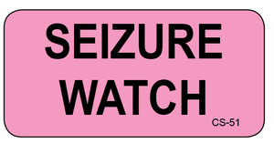 Pink veterinary cage sticker with bold black text "SEIZURE WATCH" and small CS-51 in corner