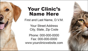 Veterinary business card featuring a dog portrait on the left, cat portrait on the right, and centered clinic contact information on a light gray background.

