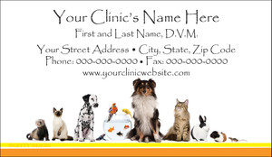 Veterinary business card featuring dogs, cats, birds, fish, rabbit, ferret, guinea pig, and mouse on a light gray background with centered contact information.

