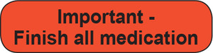 Orange rounded rectangle stickers with black text Important - Finish all medication