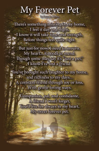 Sympathy insert featuring a sunlit woodland path, trees, dog and cat silhouettes, and the memorial poem titled “My Forever Pet.”

