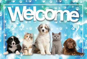 Five puppies and kittens beneath a large Welcome message on a blue watercolor background with white paw prints.