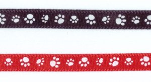 Red ribbon with white paw print pattern for pet keepsakes, ClayPaws impressions, and remembrance gifts. Optional Black Ribbon with white paws shown in image too.