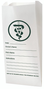 White veterinary prescription bag with green veterinary symbol and labeled fields for Date, Owner’s Name, Pet’s Name, and Instructions

