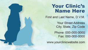 Blue dog and cat silhouettes on a soft watercolor background with veterinary clinic contact information arranged on the right side.

