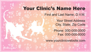 Veterinary business card with white dog and cat silhouettes, pink and peach gradient background, distressed paw print pattern, and contact information layout.

