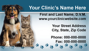 Veterinary business card featuring a dog and cat portrait, dark teal header, paw print border, and organized clinic contact information.

