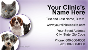 Veterinary business card featuring four pet portraits in purple circular frames on a lavender background with clinic contact information.


