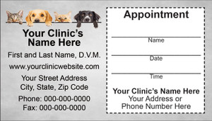 Veterinary appointment reminder card with two cats and two dogs peeking over a border, gray background, clinic information area, and peel-off appointment section.


