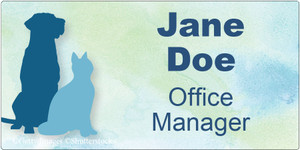 Personalized name tag featuring blue dog and cat silhouettes on a watercolor blue and green background with blue name and title text on the right side.

