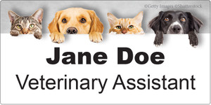 Personalized name tag featuring two cats and two dogs peeking over the top border, light gray background, and bold black custom name and title text.

