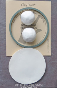 Green  5 1/2" circle mold and patty pad for larger ClayPaws paw print impressions using two clay kits.
