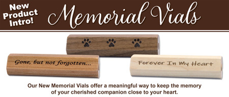 Pet memorial vials made of wood with engraved messages for keeping ashes or remembrance keepsakes