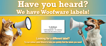 dog and cat with mega phone talking about woofware labels