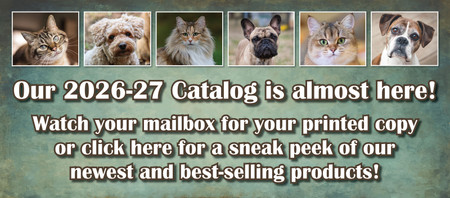 Portrait row of dogs and cats with text about new catalog.
