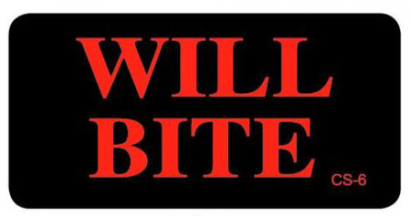 Black veterinary cage sticker with red text reading "WILL BITE" and small CS-6 in corner