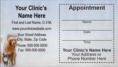 Veterinary sticker appointment business card with companion pet portrait featuring a dog and cat, gray textured background, and peel-off appointment reminder area.

