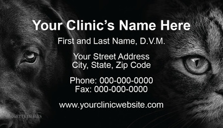 Veterinary business card featuring close-up black-and-white dog and cat portraits on a dark background with centered clinic contact information.


