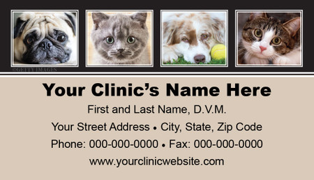 Veterinary business card featuring framed photographs of a pug, gray cat, dog with tennis ball, and tabby cat above clinic contact information.

