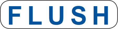 White rounded rectangle stickers with blue text FLUSH