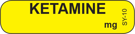 Yellow KETAMINE syringe label with bold black centered text
