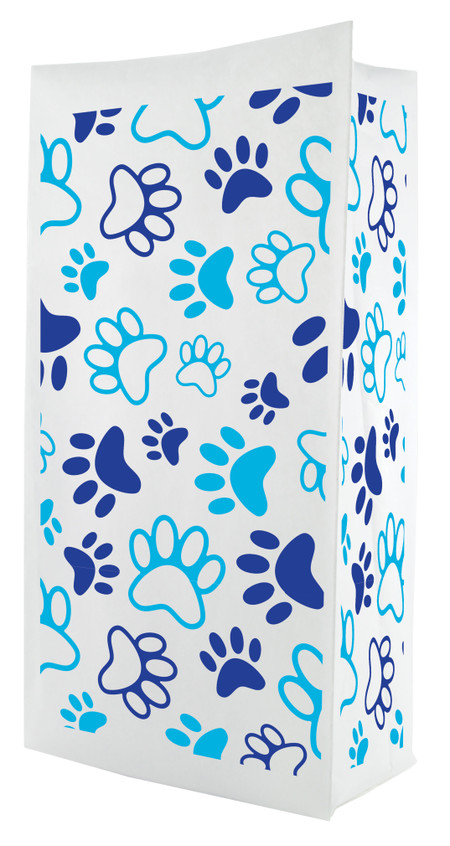 A flat bottom bag with a white background is covered in large, bold blue and teal paw prints arranged in a playful repeating pattern.

