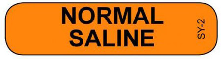 Orange NORMAL SALINE syringe label with bold black stacked text